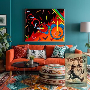 May include: A vibrant living room scene featuring an orange sofa adorned with patterned pillows. A large abstract painting with bold colors hangs above the sofa. A small poster with the text "Traveling Time" is on the right.