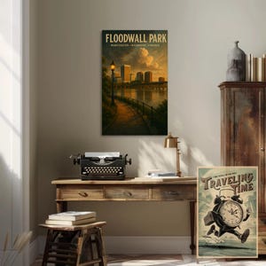 Floodwall Park Richmond Virginia Evening Poster | Manchester RVA Lamppost Wall Art | Aluminum Print | James River Sunset Decor