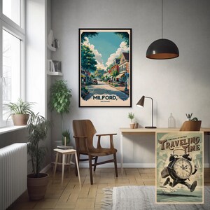 Poster di viaggio di Milford, Delaware / Stampa opaca con scena di strada vintage / Decorazione per la casa di alta qualità ispirata ai viaggi