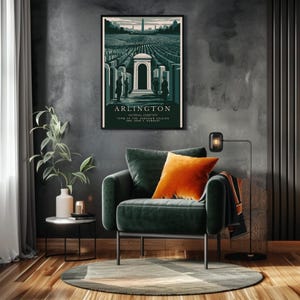 May include: A vintage-style poster with a green and white illustration of Arlington National Cemetery. The poster features the text "Arlington National Cemetery, Tomb of the Unknown Soldier and John F. Kennedy."