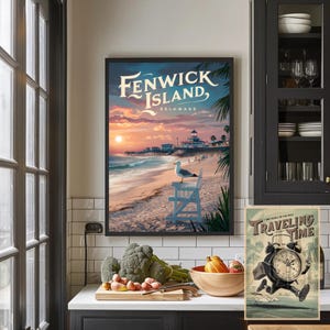 Poster di viaggio dell'isola di Fenwick - Tramonto costiero - Carta opaca premium