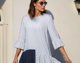 Light Blue A-Line Dress – Navy Color Block Ruffle, 3/4 Sleeves