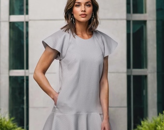 Elegant Light Gray Mini Dress: Flutter Sleeves, Textured Geometric Pattern