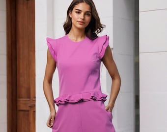Casual Chic Pink Knee-Length with Ruffle Sleeves A-Line Dress with Flared Hem and Side Pockets – Feminine Summer/Fall Dress for Women