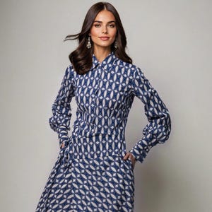 Blue Midi Wrap Shirt Dress with Long Balloon Sleeves - Asymmetrical Geometric Retro-Inspired Button-Up Work Summer Dress with Pockets