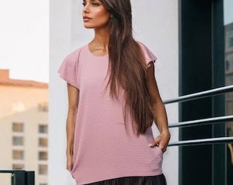 Blush Pink Mini Shift Dress – Pleated Black Chiffon, Flutter Sleeves