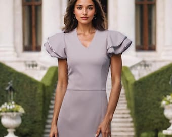 Gray Midi Dress: Flutter Sleeves, Flounce Hem - Party Cocktail Dress