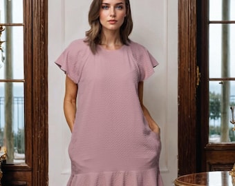 Blush Pink Mini Dress with Flutter Sleeves and Pockets – Elegant A-Line Cocktail Dress with Ruffle Hem for Bridal Showers & Parties