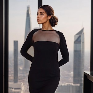 Elegante vestido negro de manga larga con malla, estilo tubo, para bailes de graduación y cócteles, corte ajustado, n.º 009