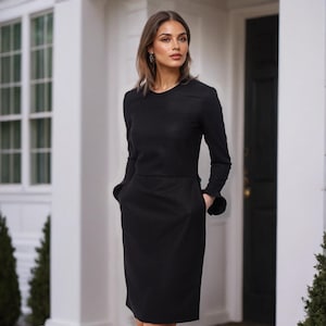 Elegant Little Black Wool Dress for Women - Long Sleeve Pencil Knee-Length Dress with Pockets - Classic Formal And Office Attire