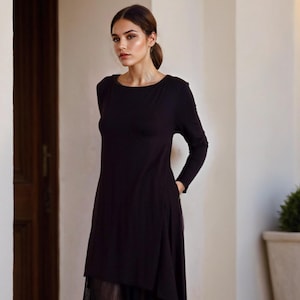 Elegant Black Asymmetric Midi Dress with Sheer Layer – Long Sleeve Formal Evening Dress, No.002