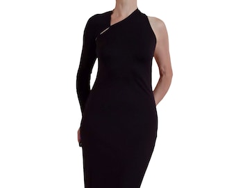 Asymmetric Black Midi Dress - One Shoulder Party Dress - Unique Design in Black Jersey, No.0013