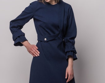 Robe bleu marine - Robe bleue - Robe classique - Robe femme - Robe au-dessus du genou - Robe avec poches - Avec robe boutonnée