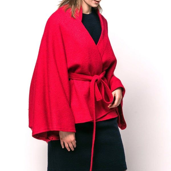 Manteau en laine rouge - Manteau cape ceinturé plus taille - Veste poncho élégante, n°1