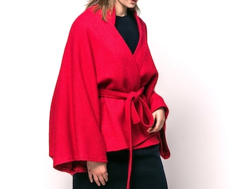 Red Wool Cloak - Belted Plus Size Cape Coat - Stylish Poncho Jacket,  No.1