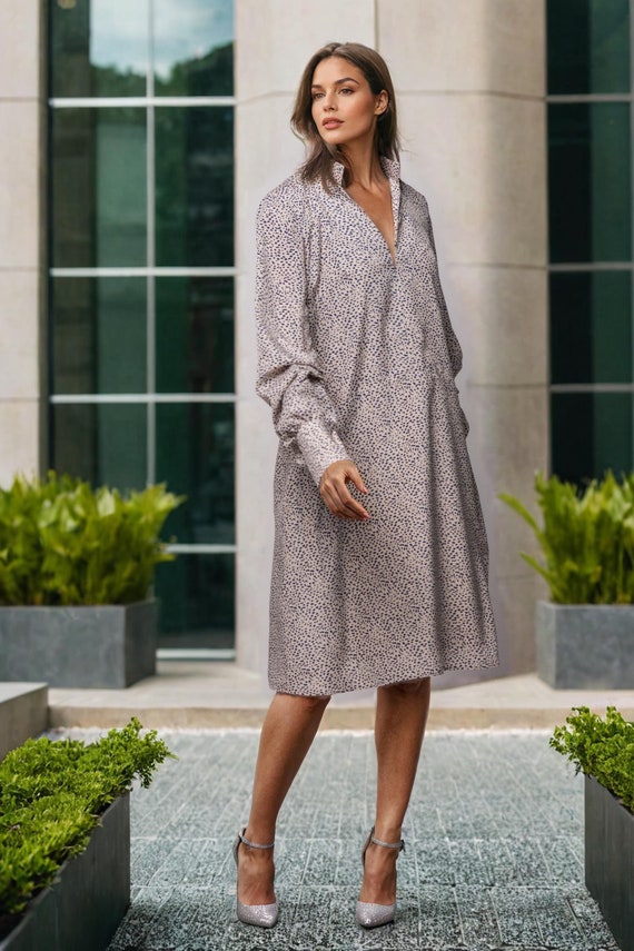 Beige Polka Dot Midi Dress With V-neckline, Cuffed Pleated Sleeves,  Pockets, and Loose Fit  Elegant Outfit for Casual and Formal Occasions -  Etsy