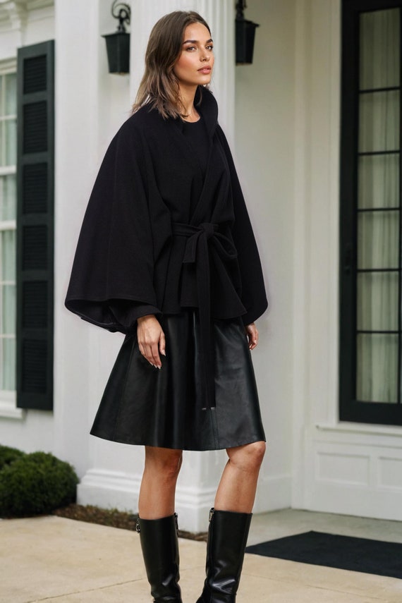 Cape en laine noire Veste poncho elegante avec ceinture Etsy France