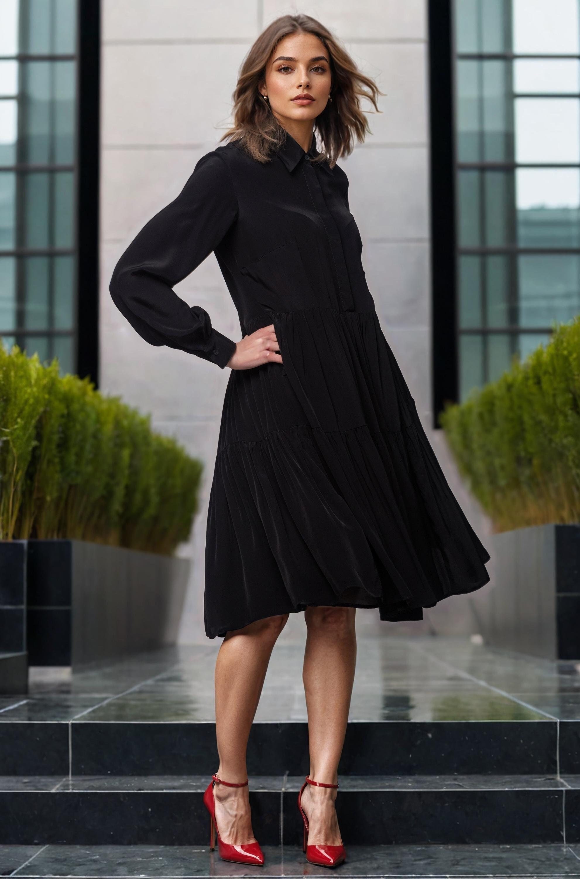 Black Viscose Midi Dress - Tiered Long Sleeve A-Line Shirt Dress