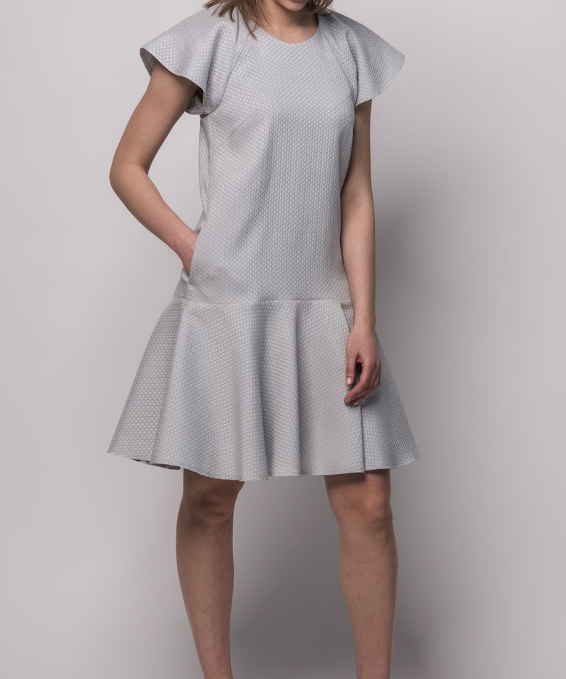 Light Gray Classic Dress Women's Summer Wide Dress with 'Wings' Above the Knee Pockets image 3