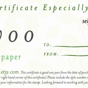 May include: A gift certificate with the text "Gift Certificate Especially For You" in green. The certificate features the business name "foryoo stamps + paper" in a stylized font. It includes lines for "TO:" and "FROM:" and the words "self inking stamp".