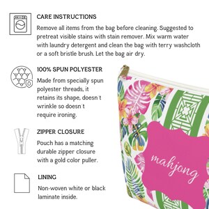 May include: A zippered pouch with a floral and leaf pattern in pink, green, and white. The pouch has a gold-colored zipper pull and the word "mahjong" in a pink frame. The bag is made of 100% spun polyester.