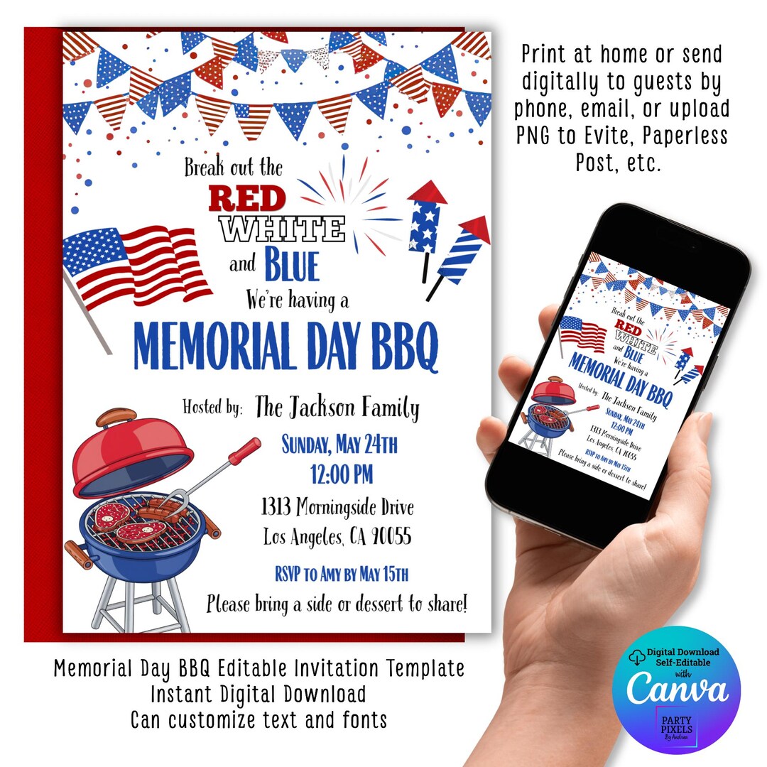 Memorial Day Summer BBQ Invitation | Patriotic Theme | Editable Canva ...