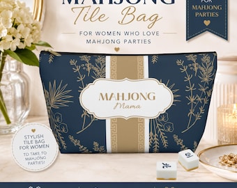Elegant Mahjong Tile Pouch | Navy & Gold Floral Aesthetic