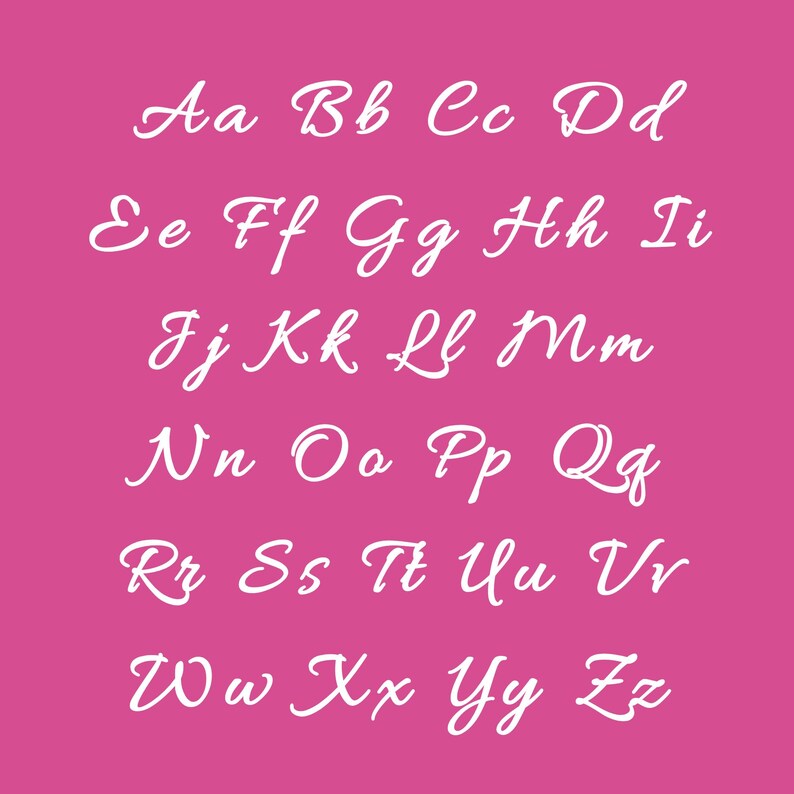 May include: A pink background displays the alphabet in a white, cursive font. The letters are arranged in rows, with uppercase and lowercase letters presented together. The font is elegant and flowing, suitable for invitations or decorative designs.