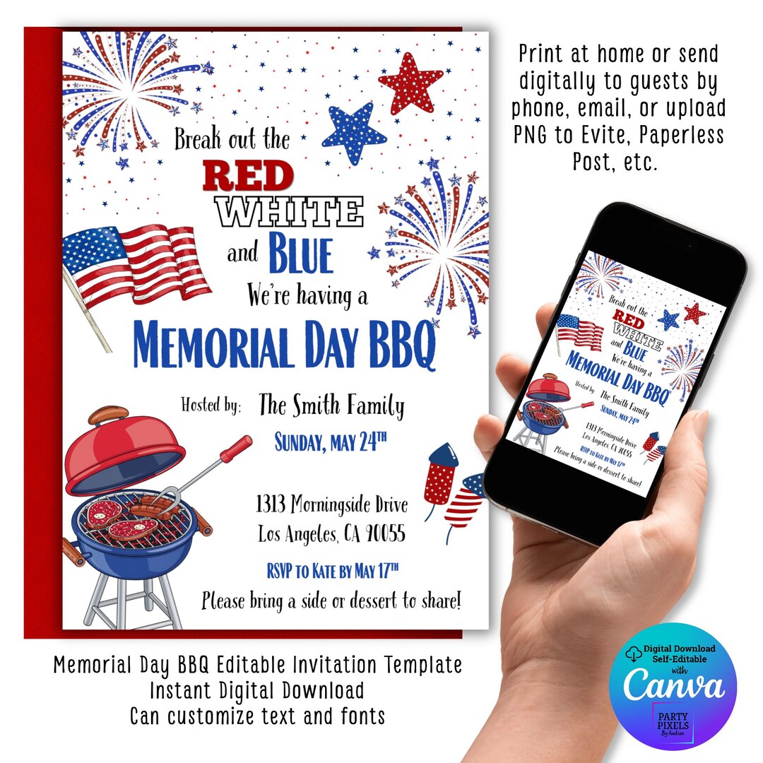 Memorial Day Summer BBQ Invitation | Editable Canva Template (digital ...