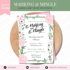 May include: A pink and white invitation for a Mahjong and Mingle ladies' game night. The invitation includes the event details, floral accents, and the text "Mahjong and Mingle". The invitation is on a wooden surface.