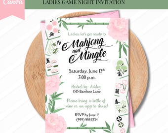 Mahjong & Mingle, Ladies' Game Night Invitation, Light Pink and Green Aesthetic | Editable Canva Template | Instant Digital Download