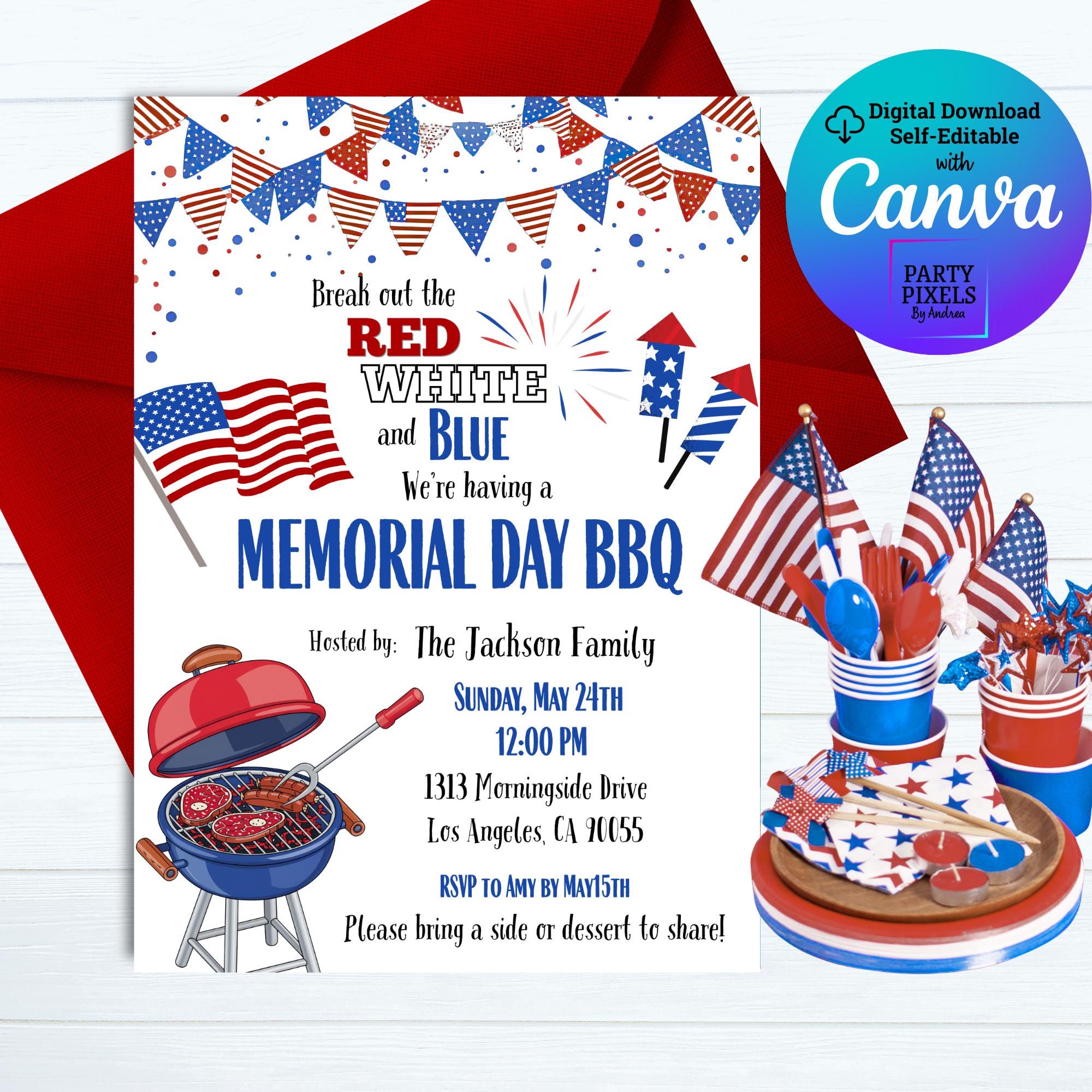 Memorial Day Summer BBQ Invitation | Patriotic Theme | Editable Canva ...
