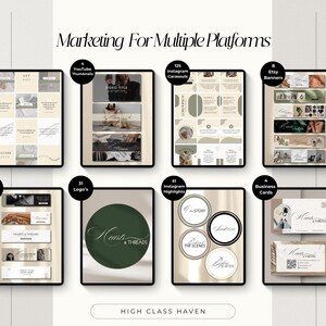 May include: A digital marketing kit for multiple platforms, including Instagram, YouTube, Etsy, LinkedIn, and business cards. The kit features a neutral color palette of beige, brown, and green with a modern, minimalist design. The text "Marketing For Multiple Platforms" is displayed at the top of the image.