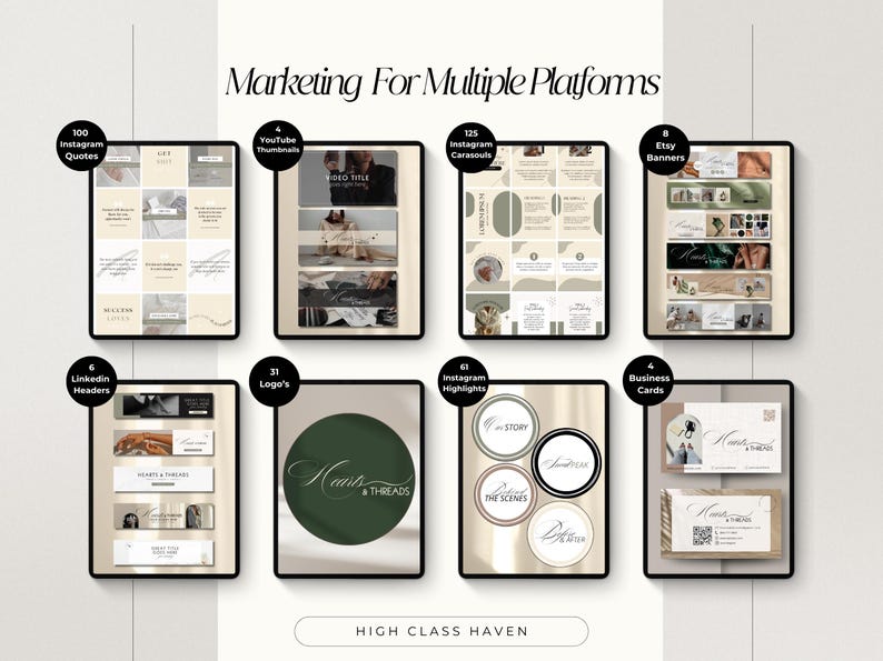 May include: A digital marketing kit for multiple platforms, including Instagram, YouTube, Etsy, LinkedIn, and business cards. The kit features a neutral color palette of beige, brown, and green with a modern, minimalist design. The text "Marketing For Multiple Platforms" is displayed at the top of the image.