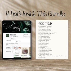 May include: A screenshot of a computer screen showing a social media profile for a business called "Hearts & Threads". The profile includes a green and black logo with the text "Hearts & Threads". The text "600 Items" is displayed on the right side of the screen, along with a list of items included in a bundle, such as Instagram carousels, Instagram quotes, Instagram stories, and Instagram highlights.