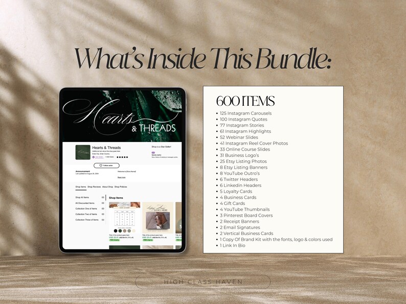 May include: A screenshot of a computer screen showing a social media profile for a business called "Hearts & Threads". The profile includes a green and black logo with the text "Hearts & Threads". The text "600 Items" is displayed on the right side of the screen, along with a list of items included in a bundle, such as Instagram carousels, Instagram quotes, Instagram stories, and Instagram highlights.