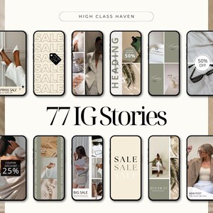 May include: A collection of 77 Instagram story templates with a beige and brown color scheme. The templates feature text overlays such as "Spring Sale", "Heading", "Coupon Discount 25%", "Big Sale", "Sale", "Giveaway", and "New Post".