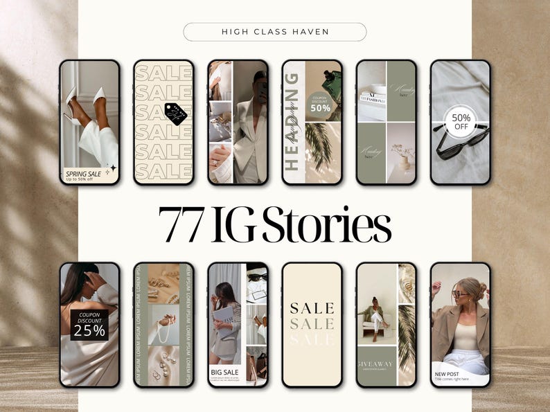 May include: A collection of 77 Instagram story templates with a beige and brown color scheme. The templates feature text overlays such as "Spring Sale", "Heading", "Coupon Discount 25%", "Big Sale", "Sale", "Giveaway", and "New Post".