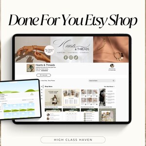 May include: A screenshot of an Etsy shop called "Hearts & Threads" selling jewelry, clothing, and candles. The shop's banner features a hand wearing a gold bracelet and the shop name in a handwritten font. The shop's homepage displays a grid of product photos and a search bar.