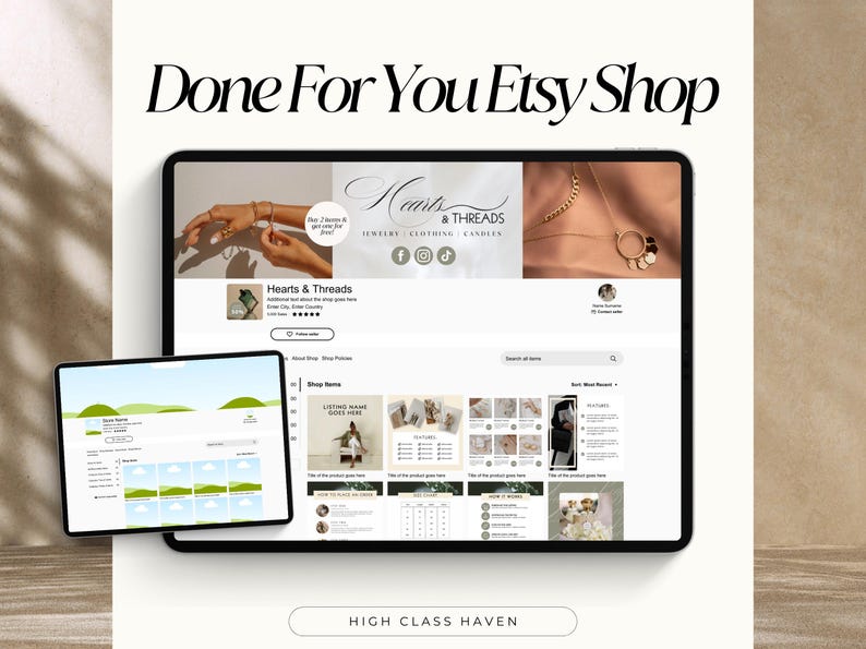 May include: A screenshot of an Etsy shop called "Hearts & Threads" selling jewelry, clothing, and candles. The shop's banner features a hand wearing a gold bracelet and the shop name in a handwritten font. The shop's homepage displays a grid of product photos and a search bar.