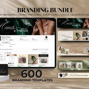 May include: Branding bundle for Etsy shops with 600 templates. Includes shop banners, listing previews, shop icons, logos, and business cards. The design features a green and white color scheme with the text "Hearts & Threads".