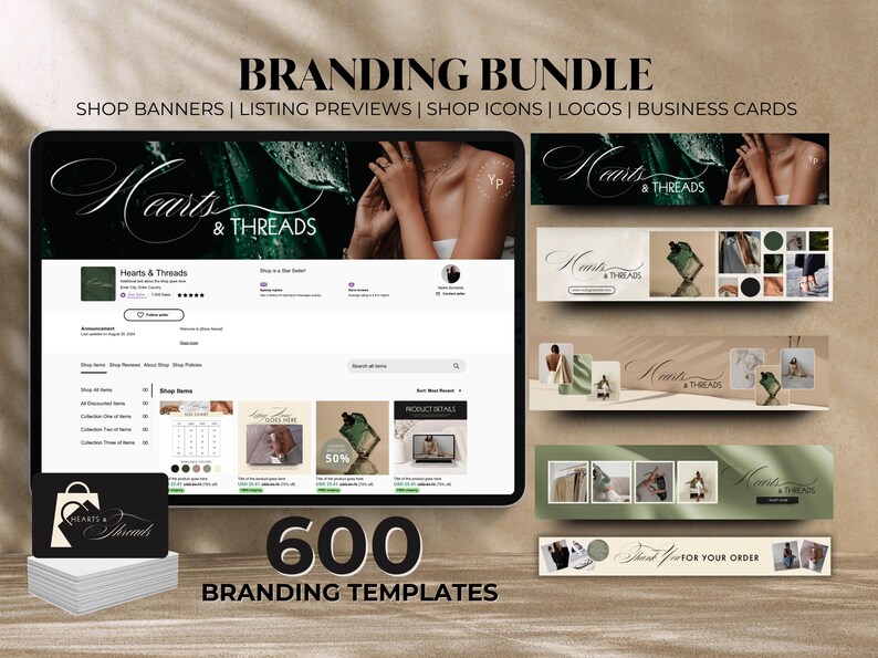 May include: Branding bundle for Etsy shops with 600 templates. Includes shop banners, listing previews, shop icons, logos, and business cards. The design features a green and white color scheme with the text "Hearts & Threads".