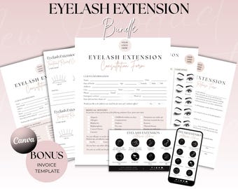 May include: A printable bundle of forms for eyelash extension businesses. The forms include a consultation form, a release form, and a lash style guide. The forms are designed in a modern, minimalist style with pink and black accents.