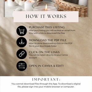 May include: A digital download guide with instructions on how to purchase, download, and edit a Canva template. The guide includes icons for a shopping cart, a download arrow, a link chain, and a slider. The text "HOW IT WORKS" is at the top of the guide. The text "IMPORTANT: You cannot download files through the App. To download a digital file, please sign into your mobile browser or computer." is at the bottom of the guide.