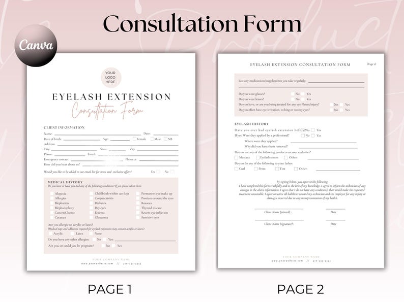 Lash Consent Forms Template Canva Editable | Eyelash Extension Client ...