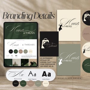 May include: Branding details for a business called "Hearts & Threads". The logo is a cursive script font with a heart and a needle and thread design. The color palette is green, black, and white. The image also includes a variety of different logo styles and font options.