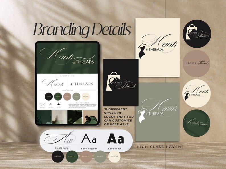 May include: Branding details for a business called "Hearts & Threads". The logo is a cursive script font with a heart and a needle and thread design. The color palette is green, black, and white. The image also includes a variety of different logo styles and font options.