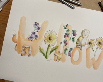 Personalised watercolour baby name art painting for gift or nursery