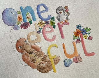 Personalised watercolour word painting for gift or nursery