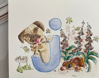 Personalised illustrated baby letter art painting for nursery or gift